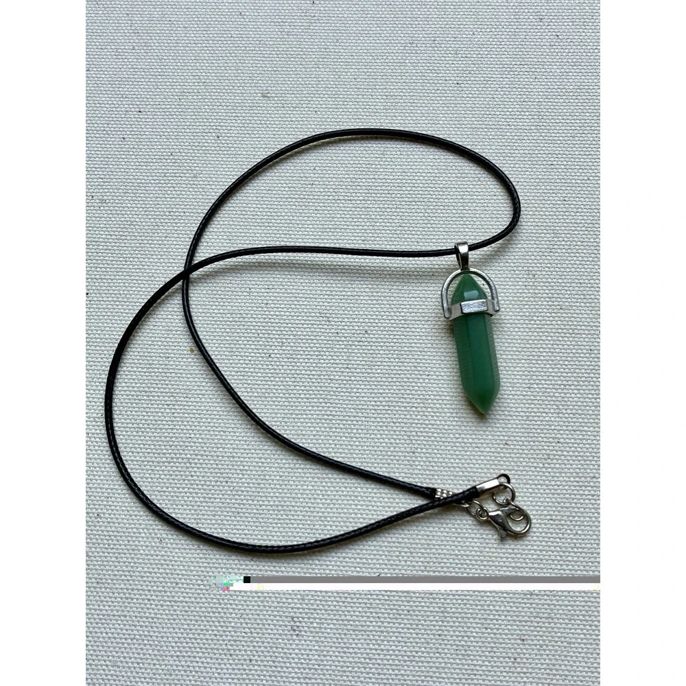 Green Crystal Point Pendant Necklace Black Cord Silver Tone Boho Y2K Bohemian